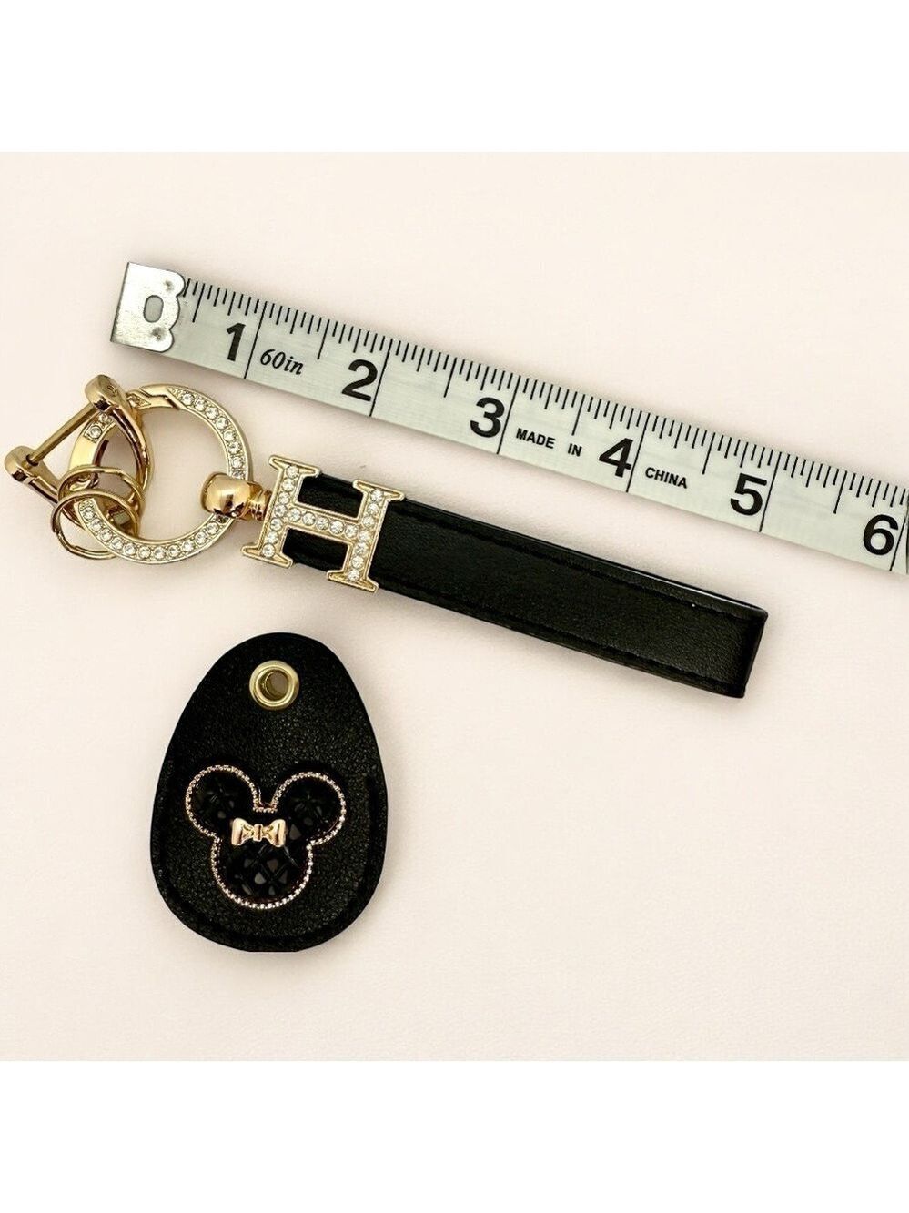 Black Leather Minnie Mouse with Wrist Strap Gold Key Fob Keychain Bag Charm - Picture 5 of 6